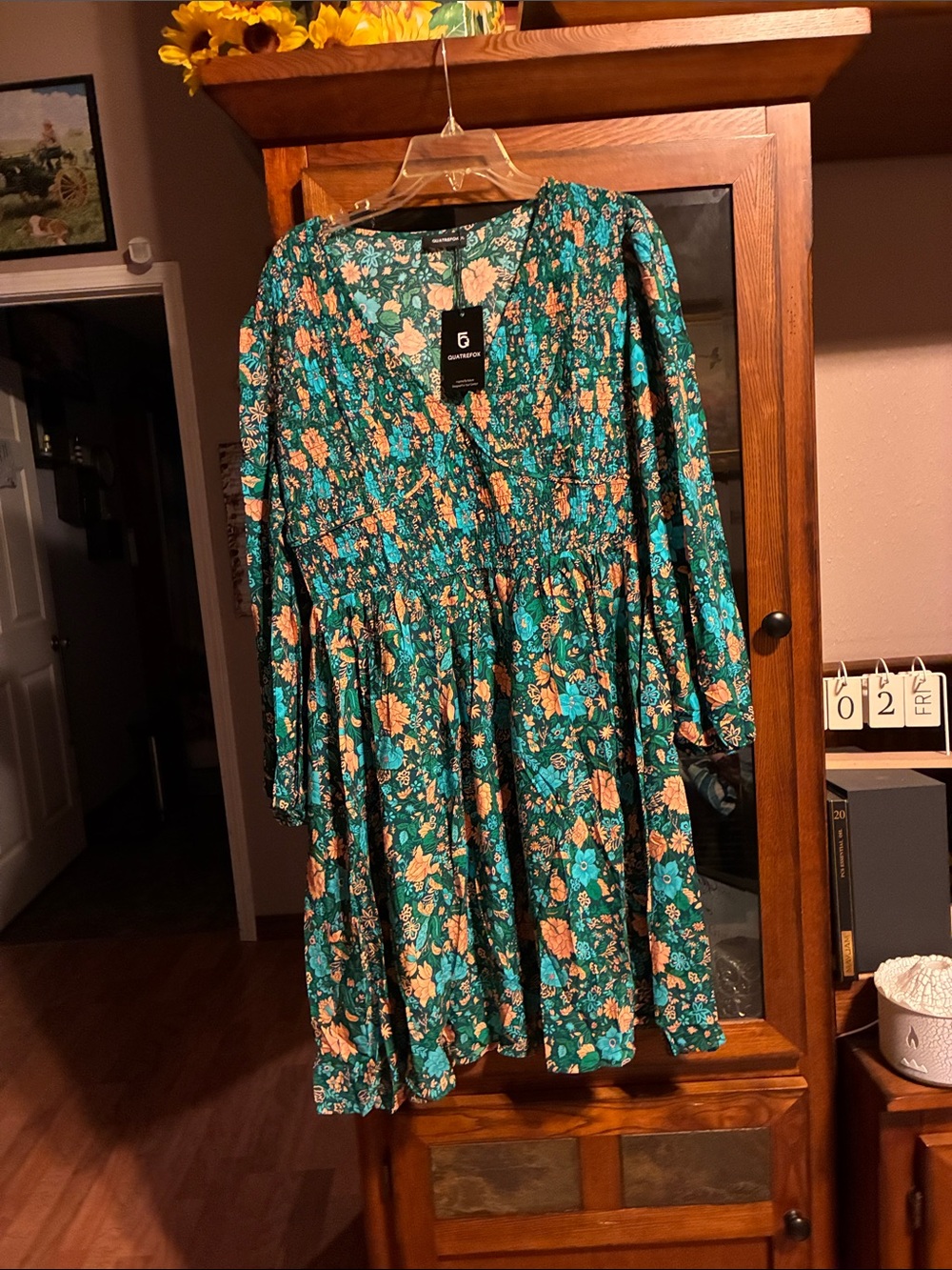 Teal Floral Long-Sleeve Smocked Waist Dress